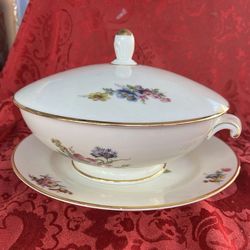 JWK Fine Porcelain Germany Soup Bowl Tureen Hand Painted Flowers Gold Trim