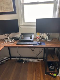 L shaped computer desk with two shelves