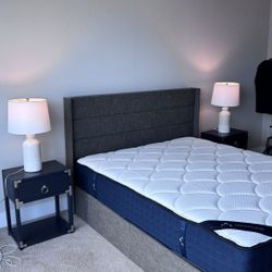 Full Bedroom Set – Queen Size Mattress (DreamCloud) & Bed Frame, Bedside Tables & Lamps