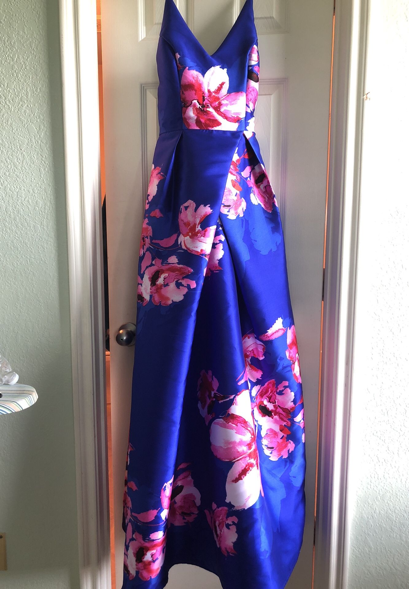 Royal blue, floral print formal prom dress