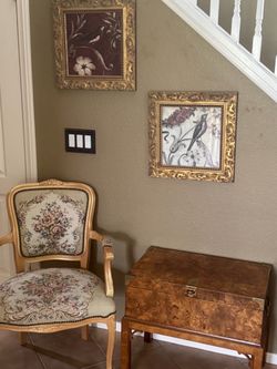 Set rare vintage chest table + chair+ 2 paintings