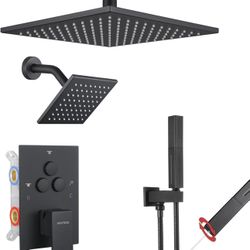 Shower Faucet Set Matte Black Shower System,Push Button Diverter Shower Faucet 10 Inch Shower Head with 6 Inch Wall Mount Shower Head