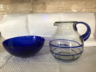 Beautiful blue bowl and matching pitcher
