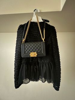 Black Grain Leather Gold Chain Flap Purse Handbag Shoulder Crossbody Bag