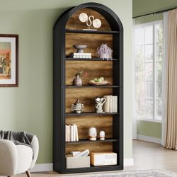 6-Tier Black Arched Bookshelf, 77.16" Tall Arched Bookcase with Storage Shelves, Floor Standing Open Display Shelving Unit for Living Room, Bedroom, H