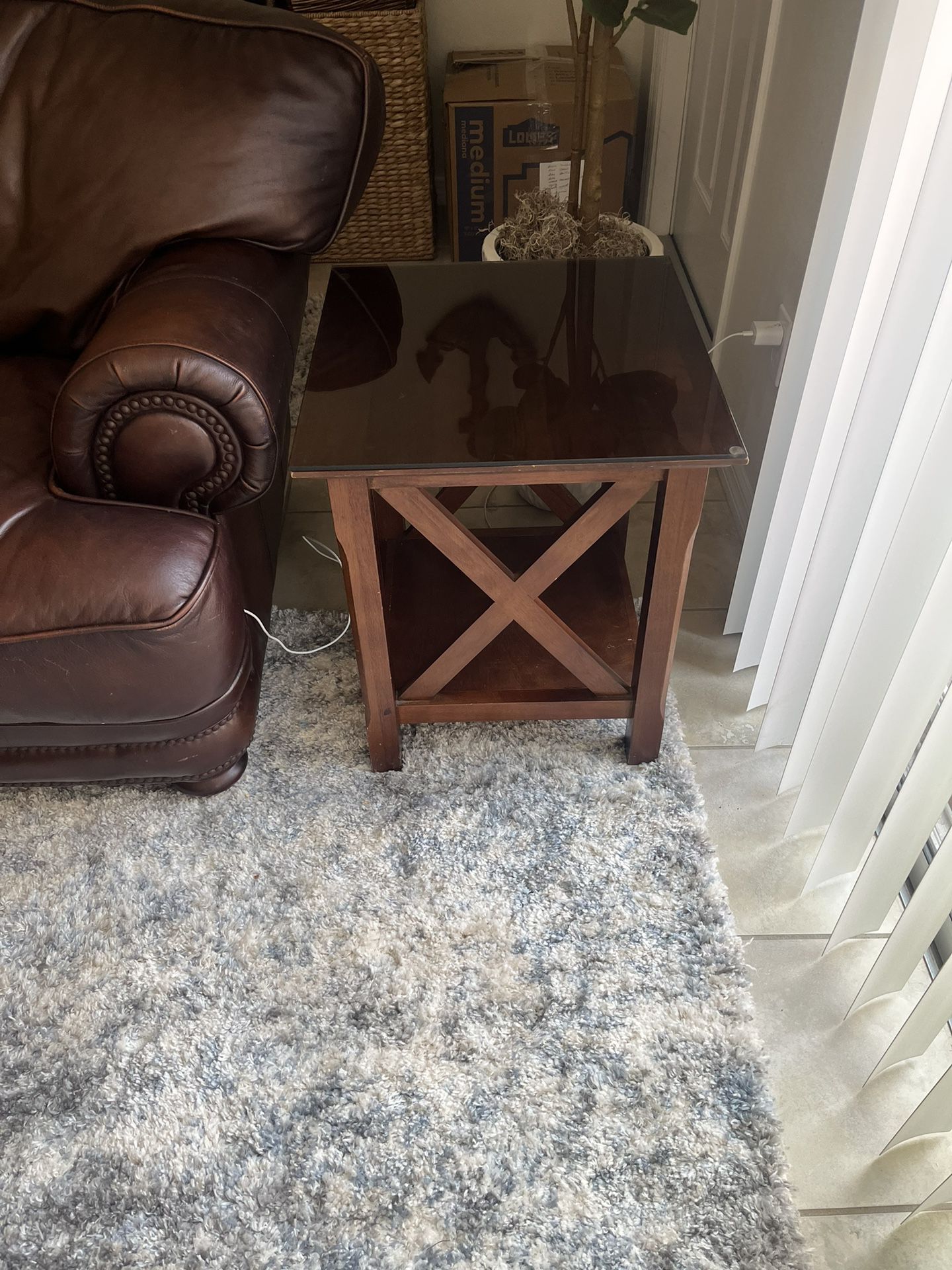 2 End Tables Brown With Glass Tops 