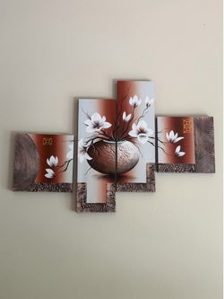 4-Piece Modern Floral Canvas Wall Art Set - Brown & White Magnolias