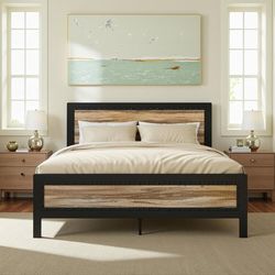 Queen Size Heavy Duty Metal Bed Frame, Platform Base with Wooden Headboard Footboard, 13 Strong Slats Support, No Box Spring Needed, Mattress Foundati