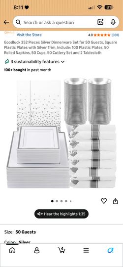 352 Pieces Silver Dinnerware Set for 50 Guests, Square Plastic Plates with Silver Trim, Include: 100 Plastic Plates, 50 Rolled Napkins, 50 Cups, 50 Cu