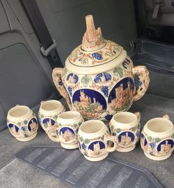 Antique German Ceramic Beer Stein Set with 6 Mini Mugs