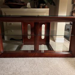 Wooden Entertainment Console With Glass Shelves 