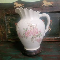 English Irish stone pitcher with wooden stand