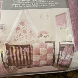Crib Set Pink, Crème and Gray / Mobile / 2 Satin Ruffle Curtains