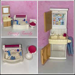 Vintage Fisher Price Loving Family Dollhouse Furniture Bathroom Set Vanity Bath Tub & Toilet 