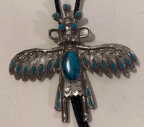 Vintage Metal Bolo Tie, Nice Native Design, Thunderbird, Nature, Blue Turquoise, Nice Design, 4" x 3 1/2", Quality, Heavy Duty, Made in USA, Country &