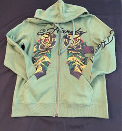 Ed Hardy Zip-Up Hoodie Sage Green Rose Graphic