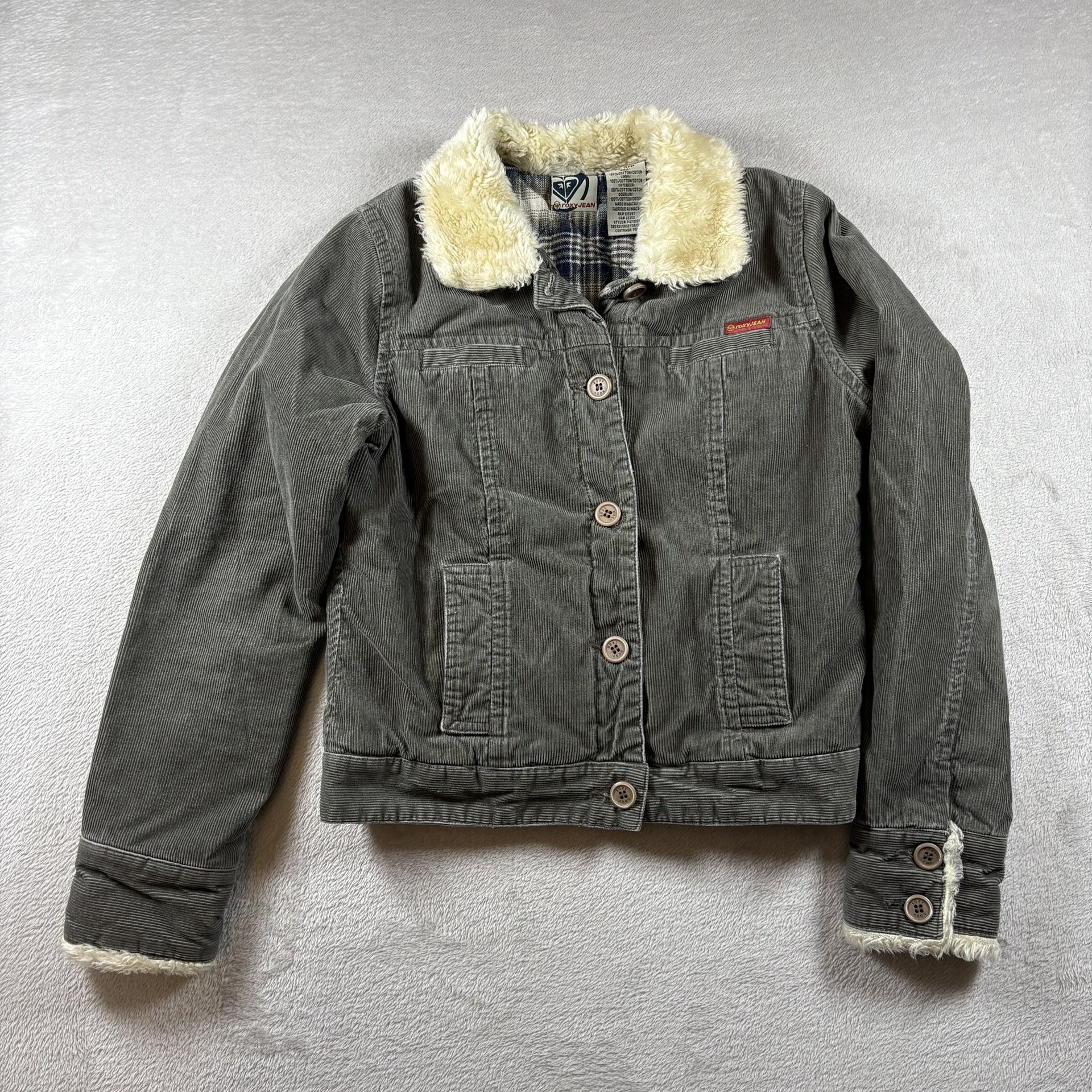 Roxy Jean Women’s S Gray corduroy Jacket Sherpa Collar plaid quilted lining#1106
