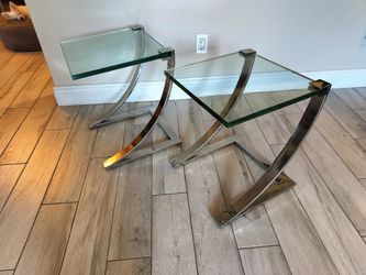Stylish Contemporary Canteliever Polished Nickel and Glass Side Tables with Thick Tempered Glass Tops