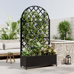 Round Metal Planter Box with Trellis, 73"x35"x16 Metal Raised Garden Bed with Trellis, Metal Planter Box with Drainage Holes & Lockable Wheels & Priva
