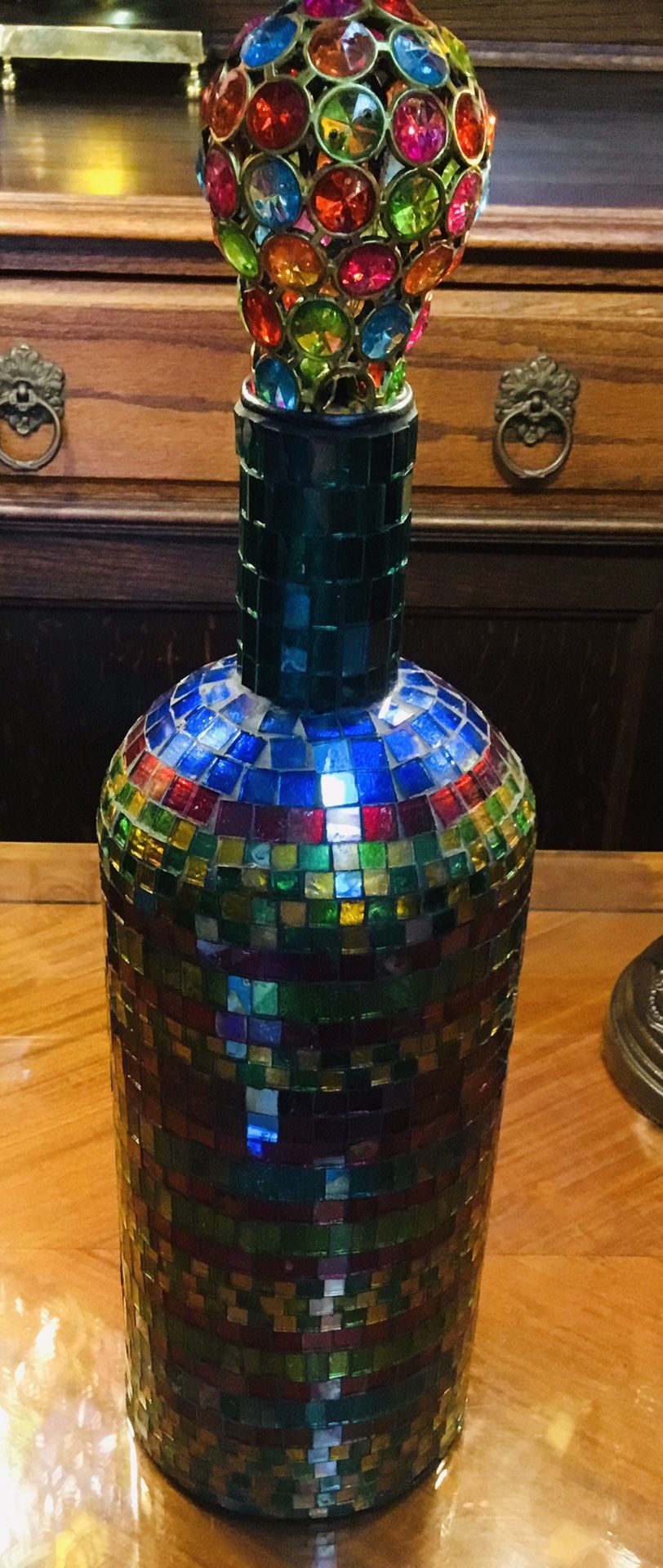 Vintage Mosiac Decorated Wine Bottle.