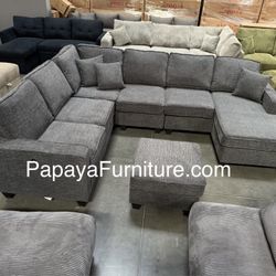 New 113” Slate Grey Sectional, Chenille Gray Sectional Sofa And Ottoman With USB Ports, Reversible Sectional Sofa Couch, Plush Sofa, Sectionals, Sofas
