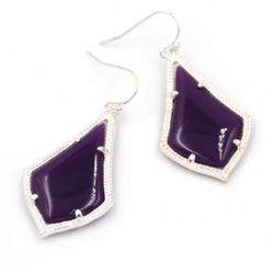 14k white Gold plated Silver Deep Purple Glass Teardrop Dangle earrings