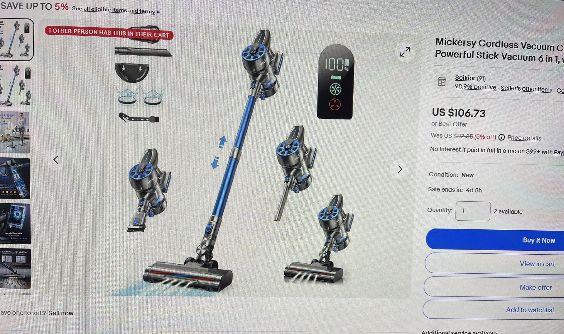 Mickersy Cordless Vacuum Cleaner, 450W 36Kpa Powerful Stick Vacuum 6 in 1, with