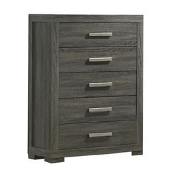 Brand New Gray Rustic 5 Drawer Chest  With chrome Handles 