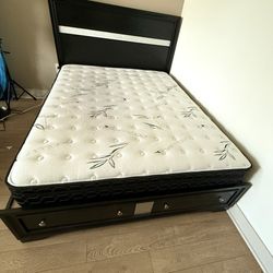 Queen Size bed Frame with drawers, Headstand and mattress  + FREE bed side table