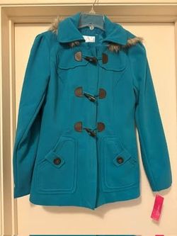 Teal Winter Coat with Fur Trim Zips and Buttons Women’s SMALL