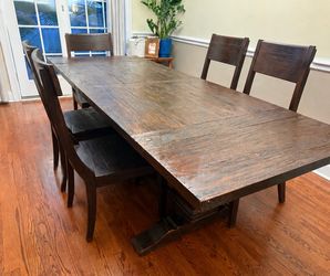 World Market rustic trestle pedestal extension dining table