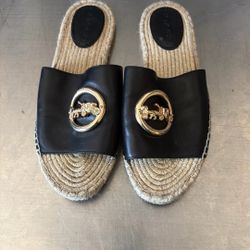 Coach Shoes Coach Camille Espadrille Jute Footbead Black Leather Gold Size 8