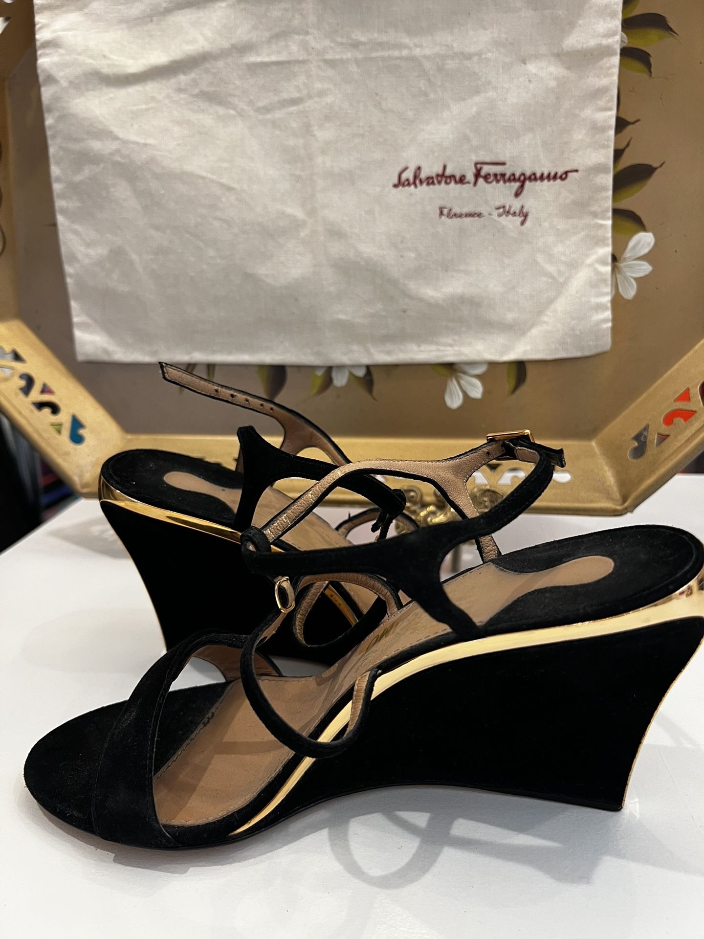 Salvatore Ferragamo Black Suede Sandals Wedges