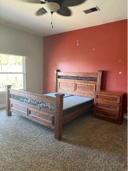 Cal king bed frame, with nightstand and chair with ottoman