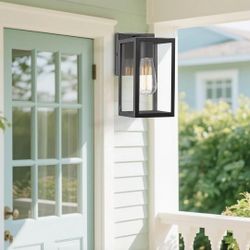 Black Outdoor Wall Sconce, Exterior Wall Lighting Fixture, Outdoor Porch Mount Light, Front Door Lantern Lamp in Black Finish with Clear Glass