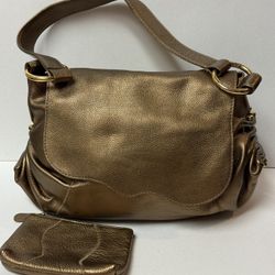 Chi Carlos Falchi Pebbled Leather Bronze Shoulder Bag With Gold Ring Accents