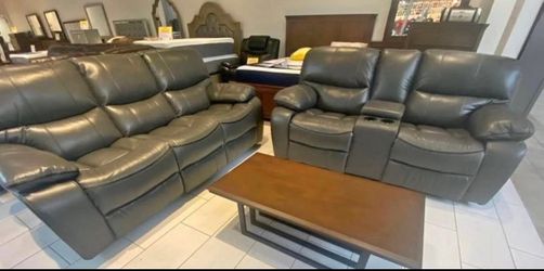 Memorial Day sale. Madrid, gray leather reclining sofa and loveseat set only $1099. Easy finance option. Same-day delivery.