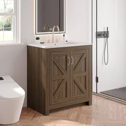 Farmhouse Bathroom Vanity with Sink, Freestanding Bathroom Vanities with Ceramic Basin & Soft-Close Door, Wood Cabinet with Adjustable Shelf for Apart