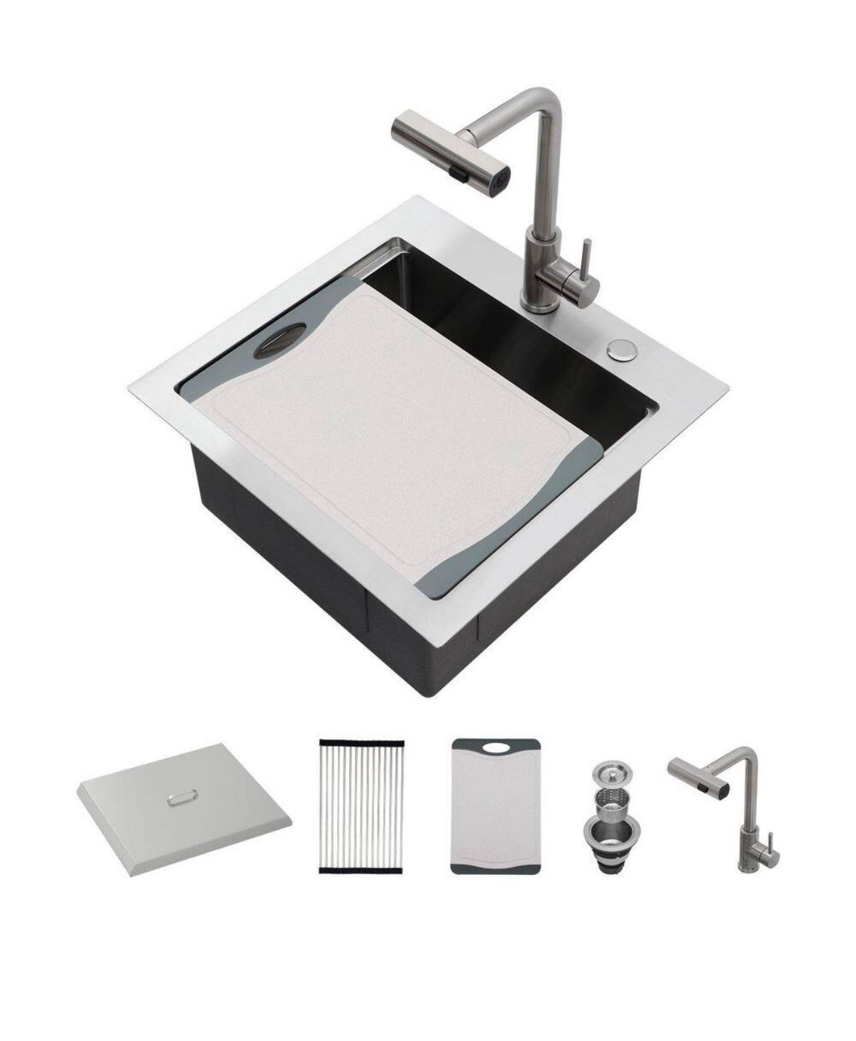 LORDEAR 21” x 20” Topmount Single Bowl 16-Gauge Stainless Steel Drop-in Workstation Bar Sink with Cover Board Faucet