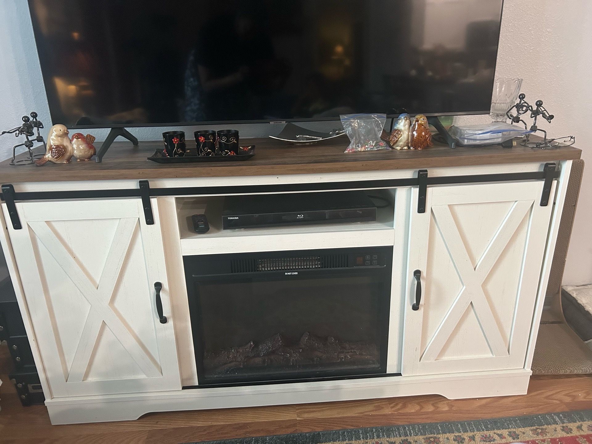 White Farmhouse TV Cabinet with Fireplace