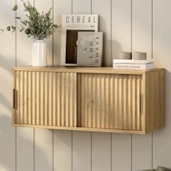 Floating TV Stands Set of 2, Modern Fluted Large Floating Nightstand Wall Mounted Bedside Cabinet with Sliding Doors for Bathroom, Living Room, Bedroo