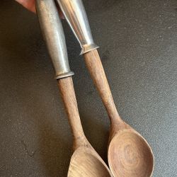 VINTAGE Teak Salad Serving Utensils/Teak Wood and Silver Handles Spoon Fork