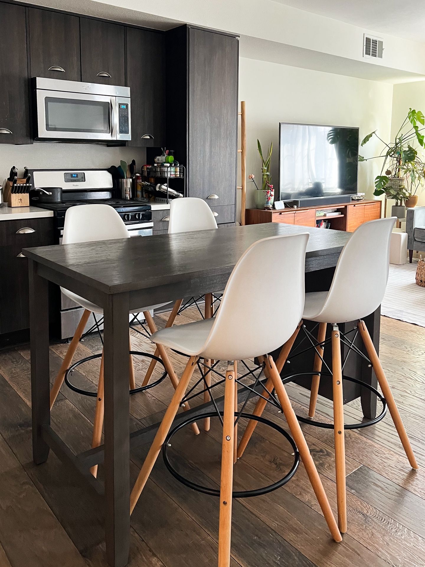 Living Spaces/Ashely Grey Wood 60" Dining Counter Height Table | Storage | Shelves | 4 Seat