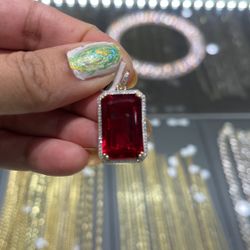 10k Gold Diamond Pendant With Ruby Lab Stone ..