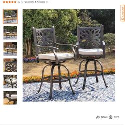 Brown Swivel Cast Aluminum Outdoor Bar Stool with Beige Cushion (2-Pack)


