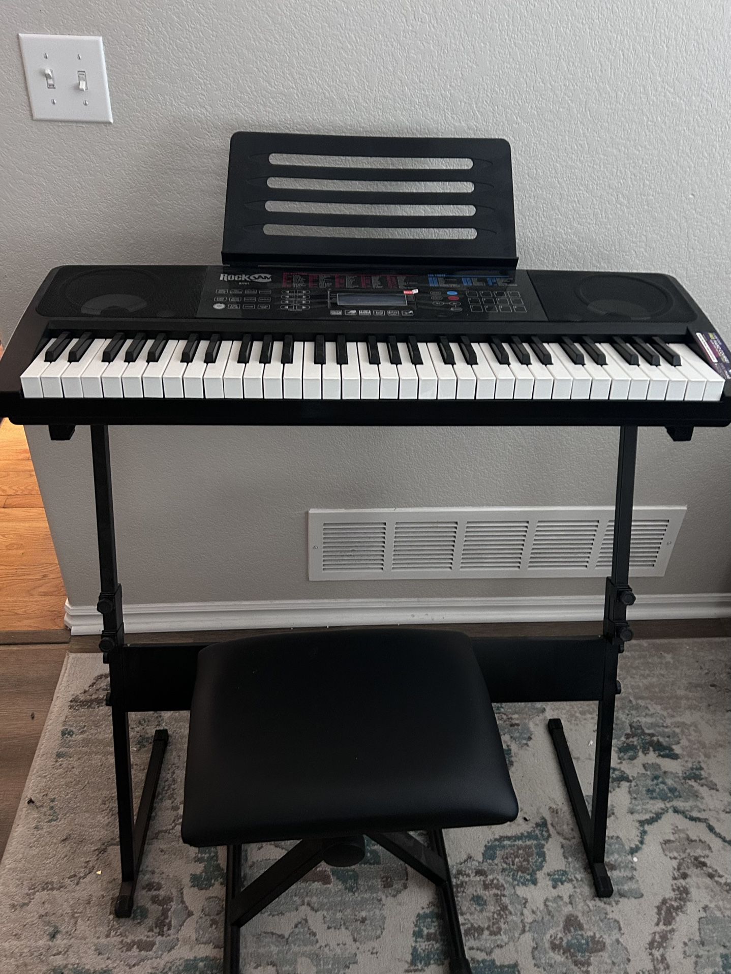 RockJam 61 Key Touch Keyboard Paino w/ Bench, Stand, Headphones, Foot Pedal & Note Stickers