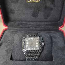 Cartier Santos Iced Out Full Black Spinel Large Size Roman Dial Watch
