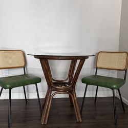 Dining Table Set – Glass Top Table + 2 Vintage Chairs