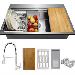 AKDY 33” Topmount Stainless Steel Kitchen Sink w/ Faucet & Accessories