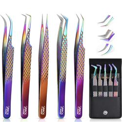5 Pcs Fiber-Tip Japanese Steel Lash Tweezer Set with Leather Case, Professional Eyelash Tweezers for Lash Extensions – Titanium Coated, 90 & 45 Angled